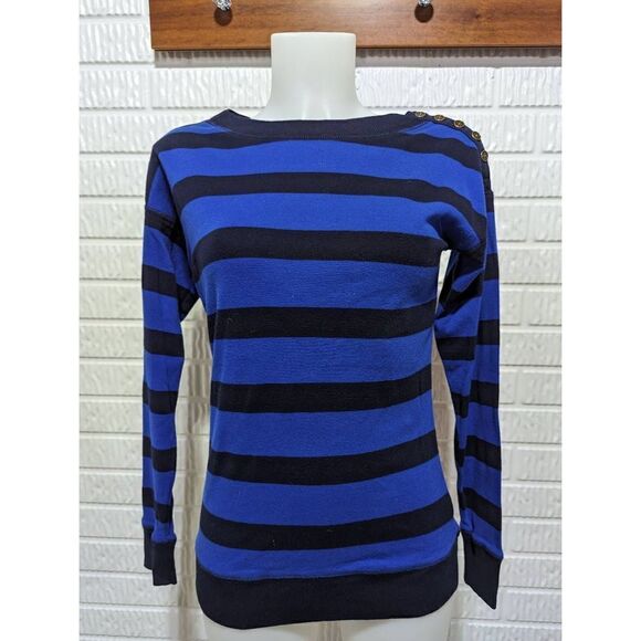 Lauren Jeans Co. Women's Dark Bright Blue Striped Long Sleeves Knit Top Sz Small - Picture 1 of 5